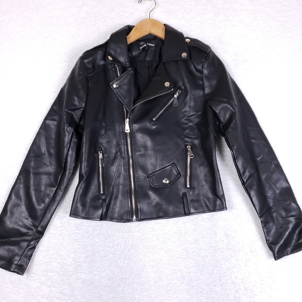 SHEIN Moto Biker Jacket Womens L Black Faux Leather Asymmetric Edgy Streetwear